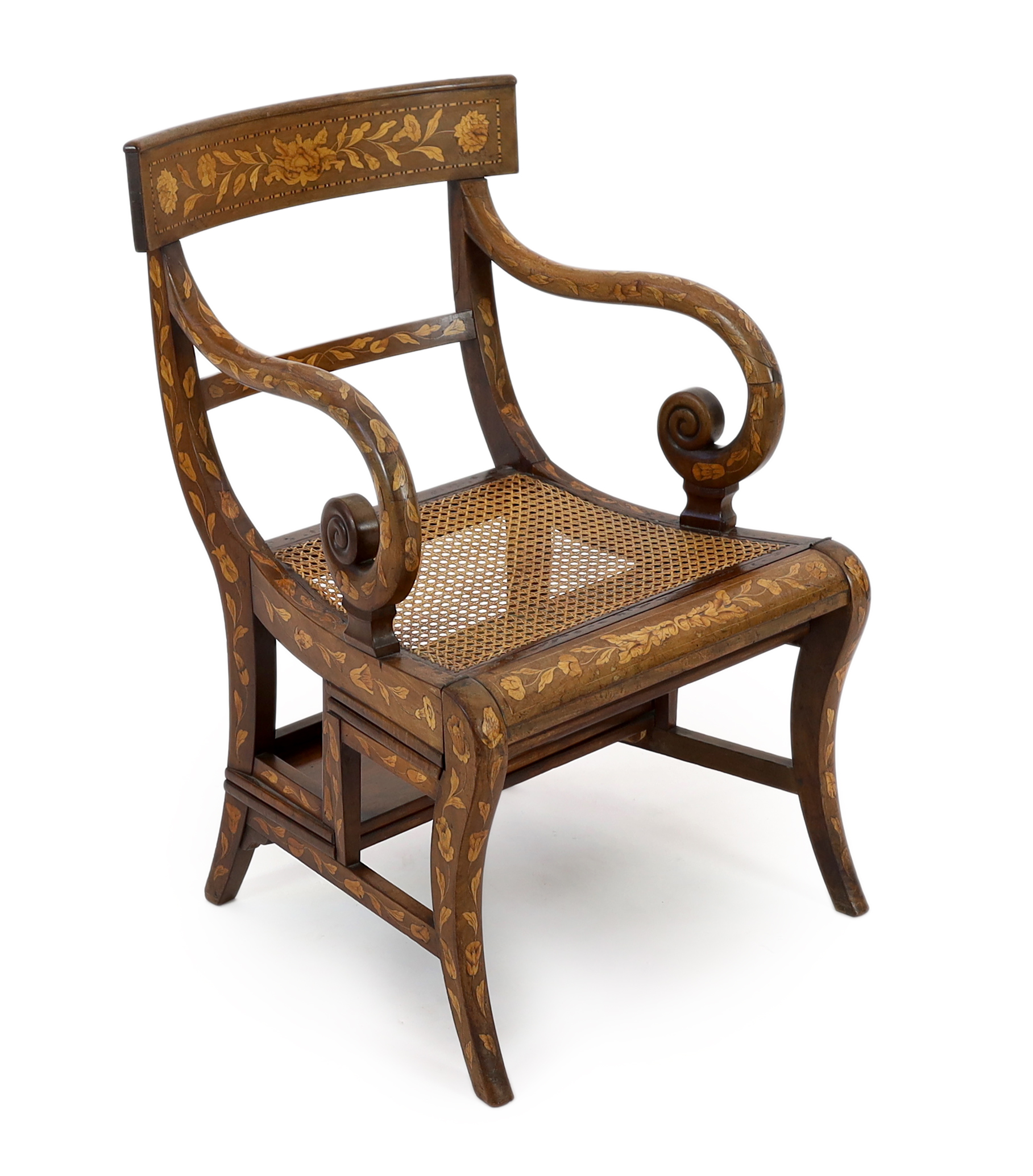 An early 19th century Dutch walnut and marquetry metamorphic library steps chair